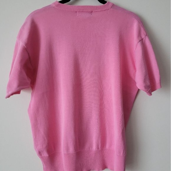 VINTAGE Woodward's Short Sleeve Embroidered Neckline Knit Pink Sweater - Picture 3 of 11